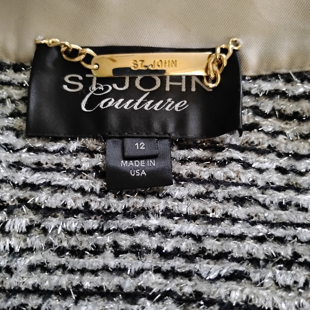 St John Couture Boucle Eyelash Black Silver Silk Metallic Knit Skirt Suit 12 14 - Picture 8 of 13